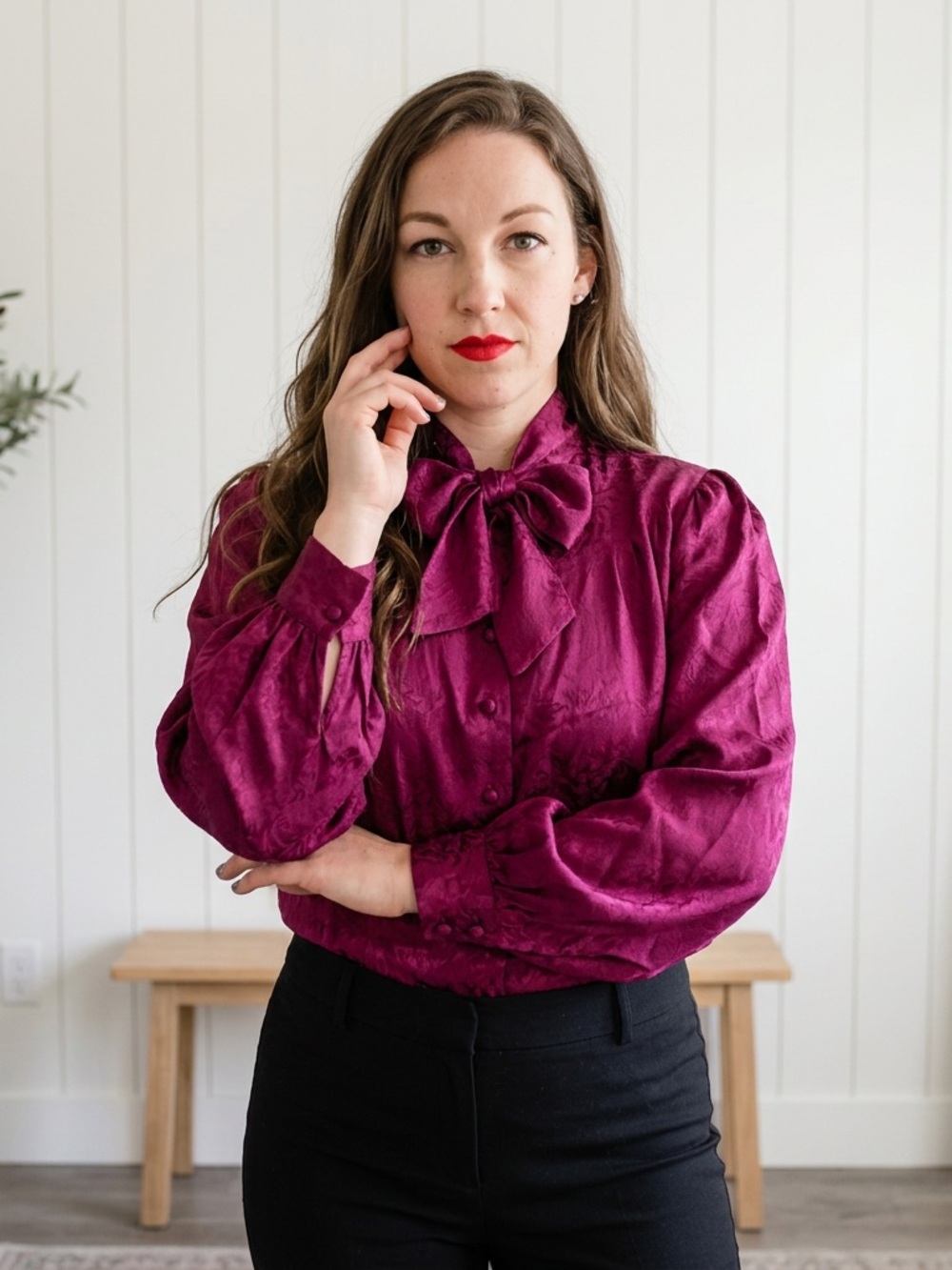 Vintage Silk Puff Sleeve Blouse | Magenta |Size 4 | Quiet Luxury